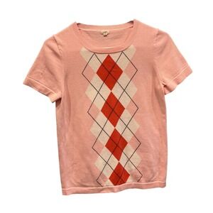 J Crew Womens Argyle Short Sleeve Knit Sweater Top Pink Emo Schoolgirl Preppy M